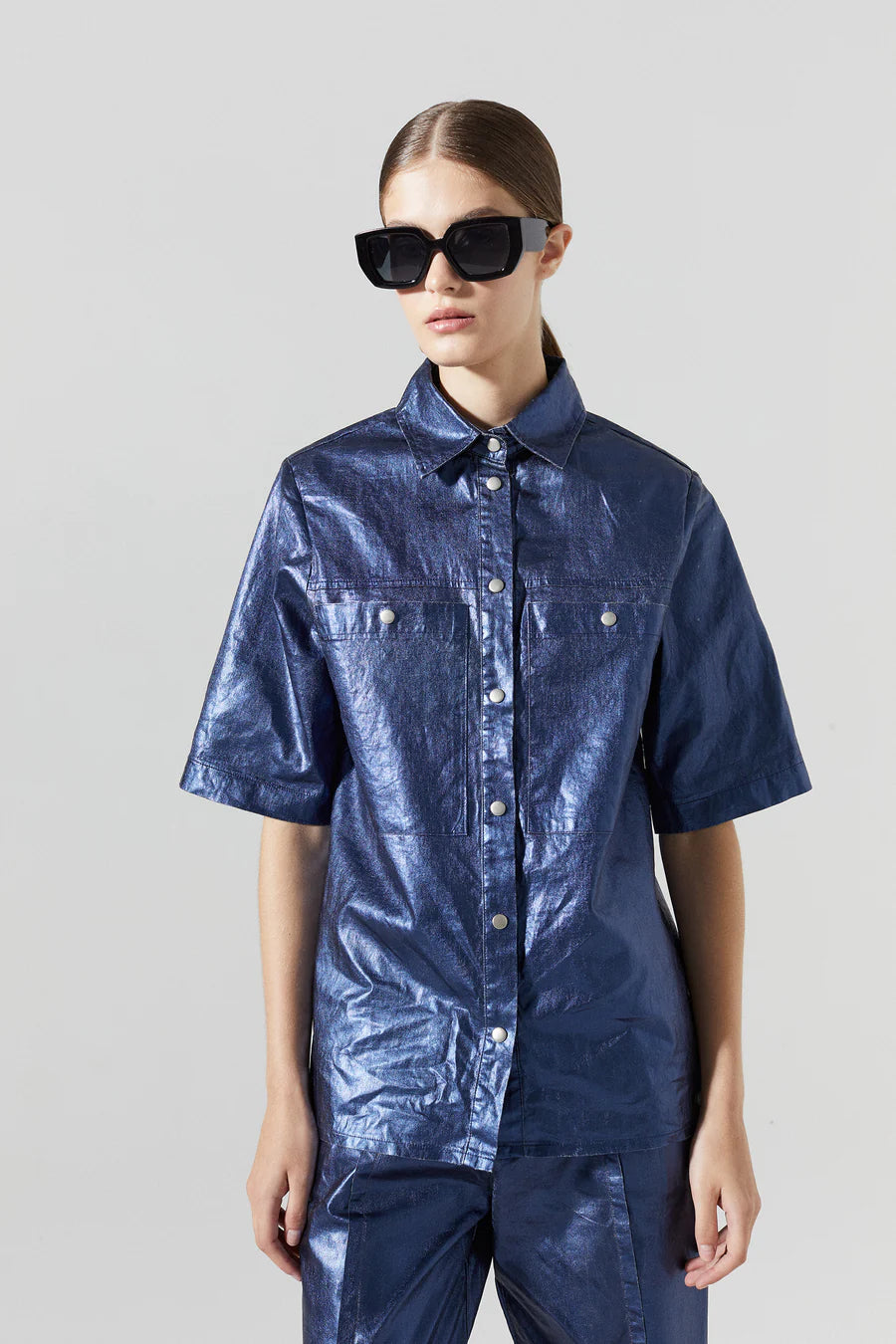 Soho Metallic Linen Shirt - Dark Blue