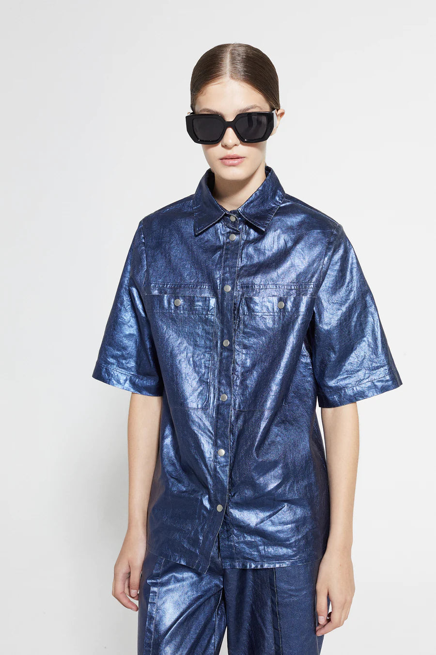 Soho Metallic Linen Shirt - Dark Blue