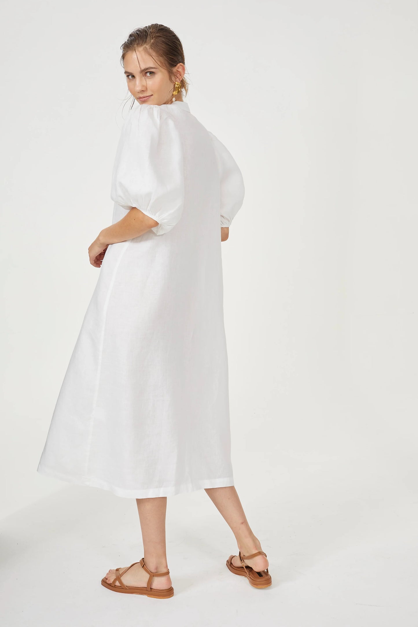 BUBBLE LINEN DRESS - WHITE