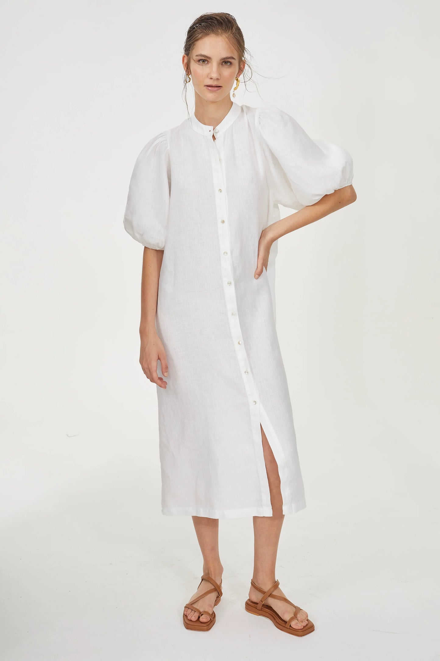 BUBBLE LINEN DRESS - WHITE