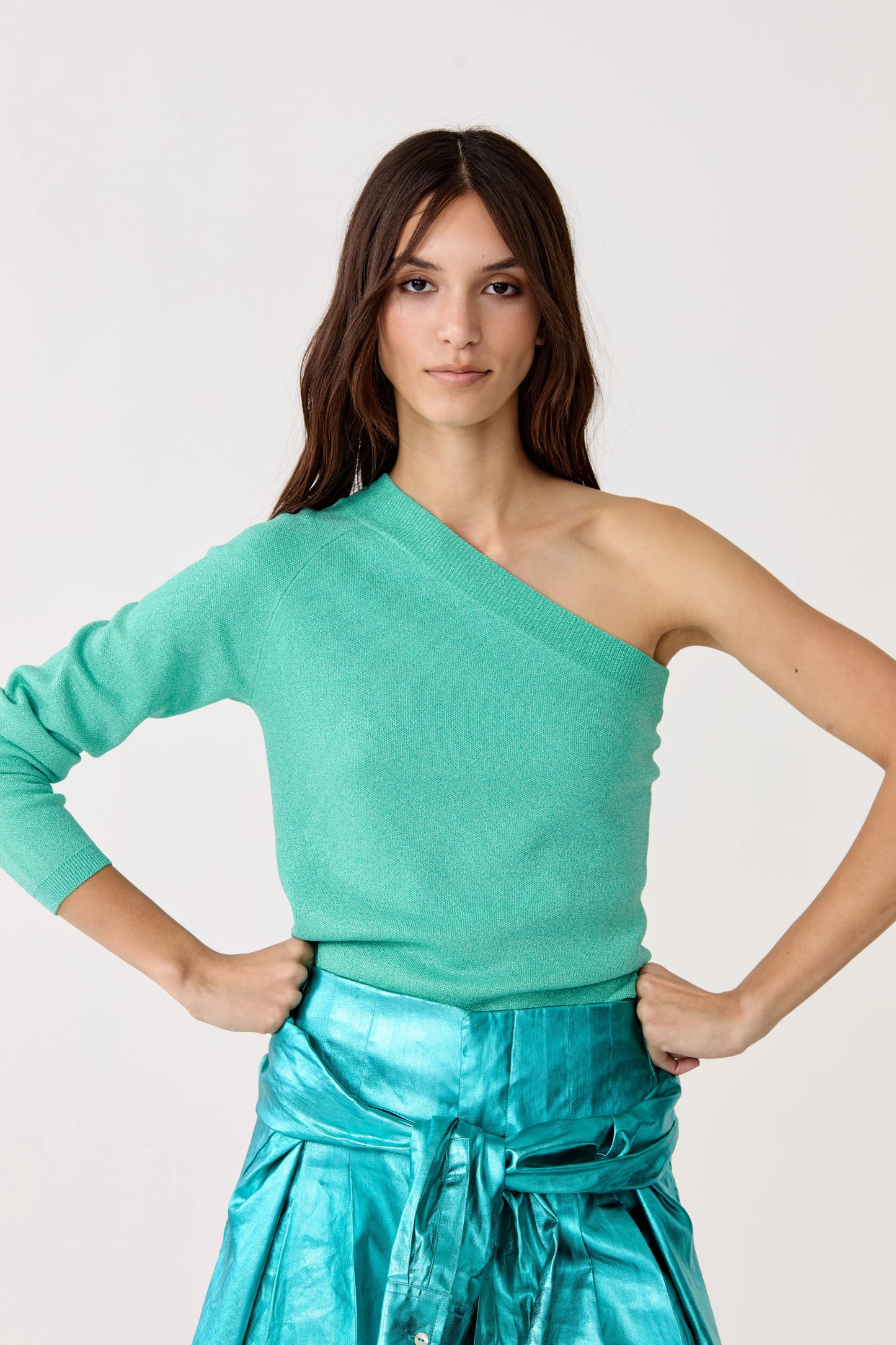 ONE SHOULDER GLITTER KNITTED TOP - TURQUOISE