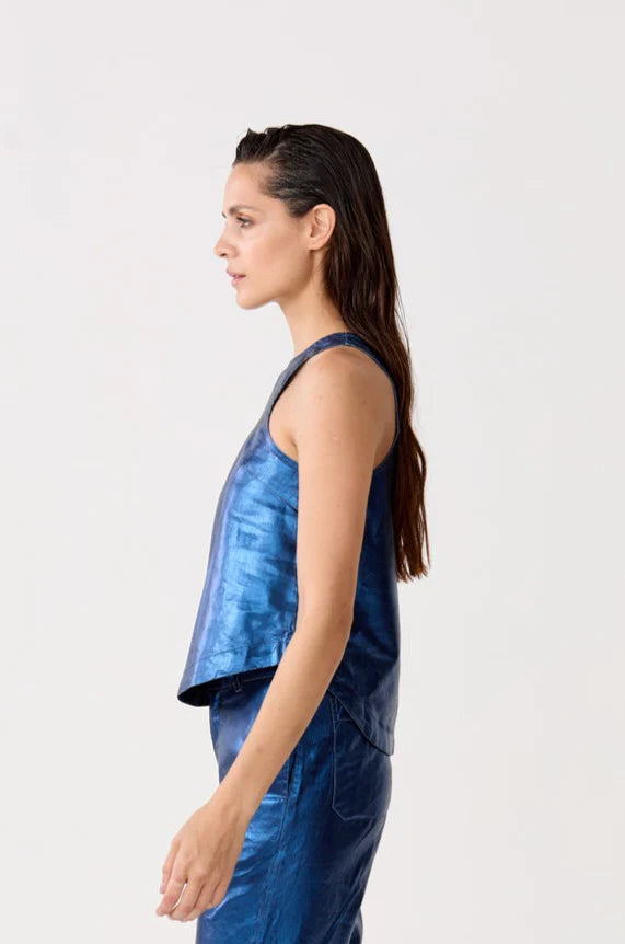 METALLIC LINEN TOP - DARK BLUE