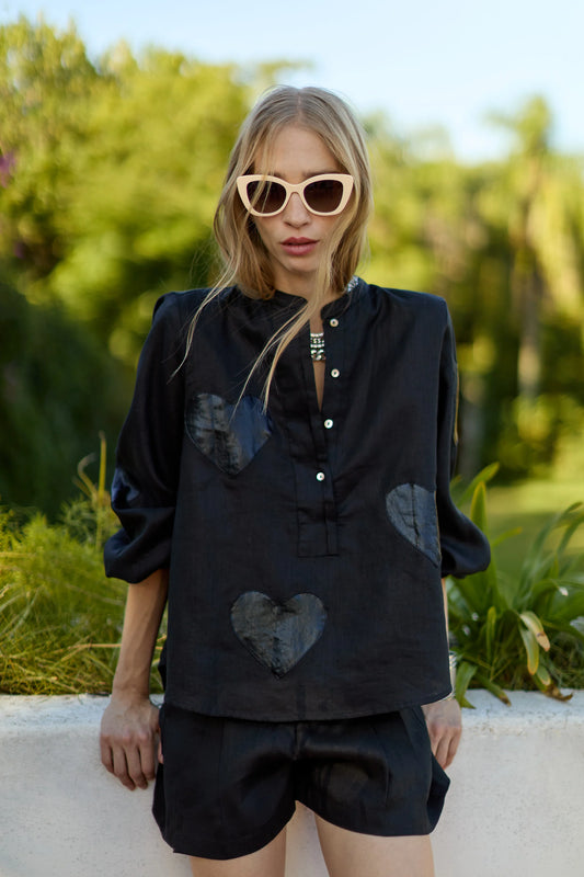 CUPID LINEN SHIRT - BLACK WITH METALLIC BLACK HEARTS