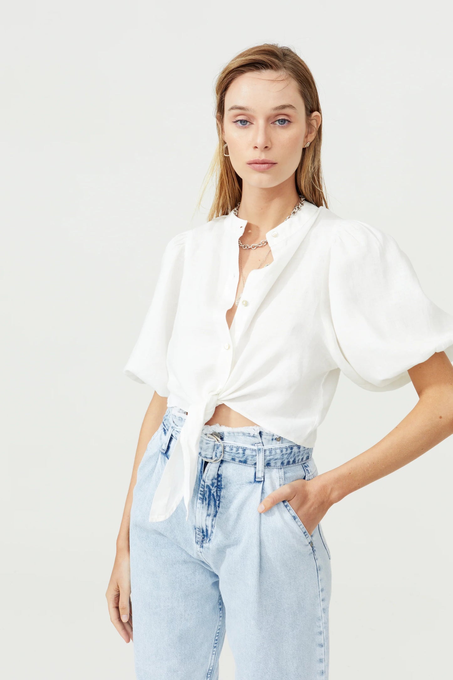 BUBBLE LINEN CROP TOP - WHITE