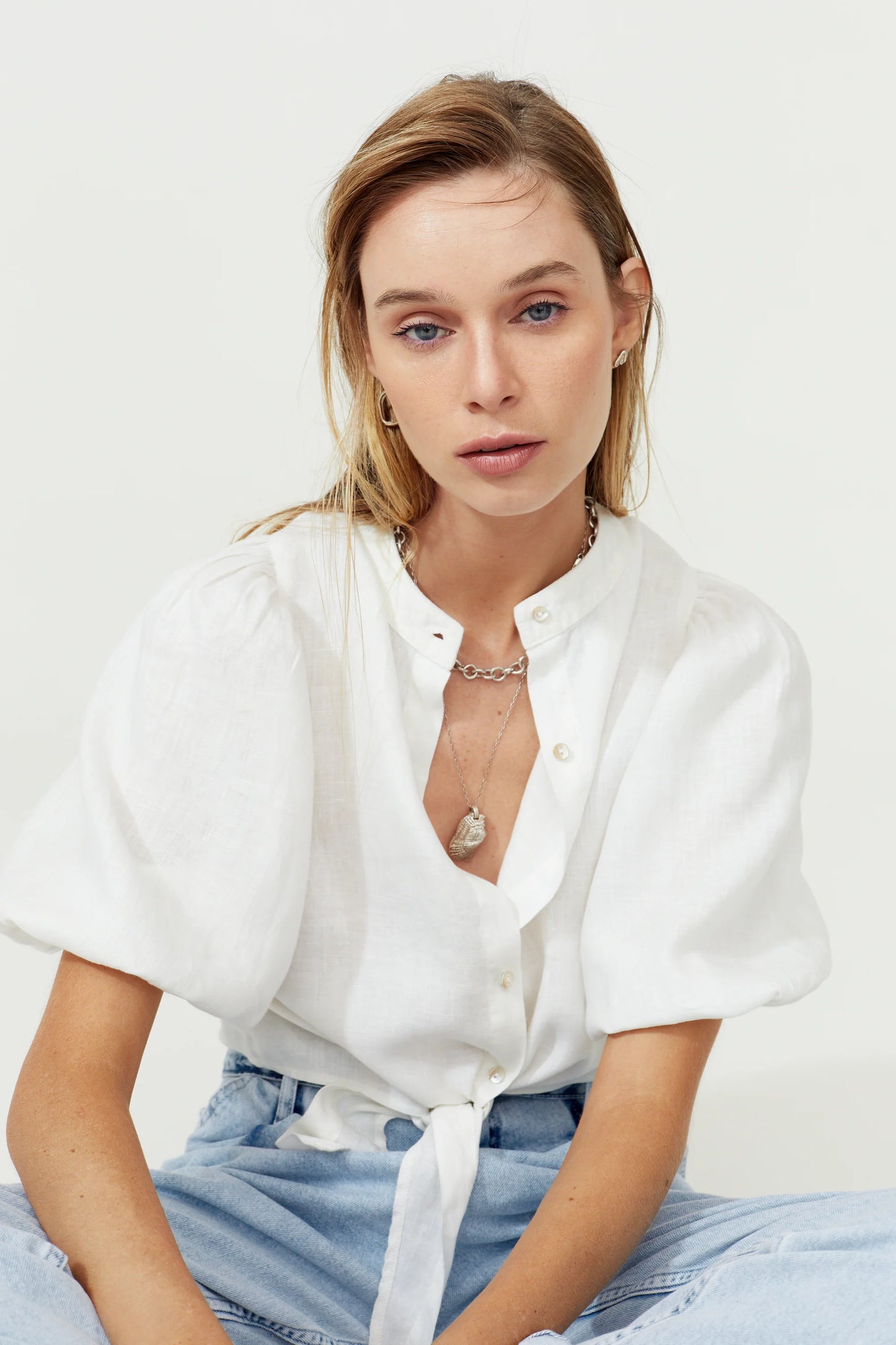 BUBBLE LINEN CROP TOP - WHITE