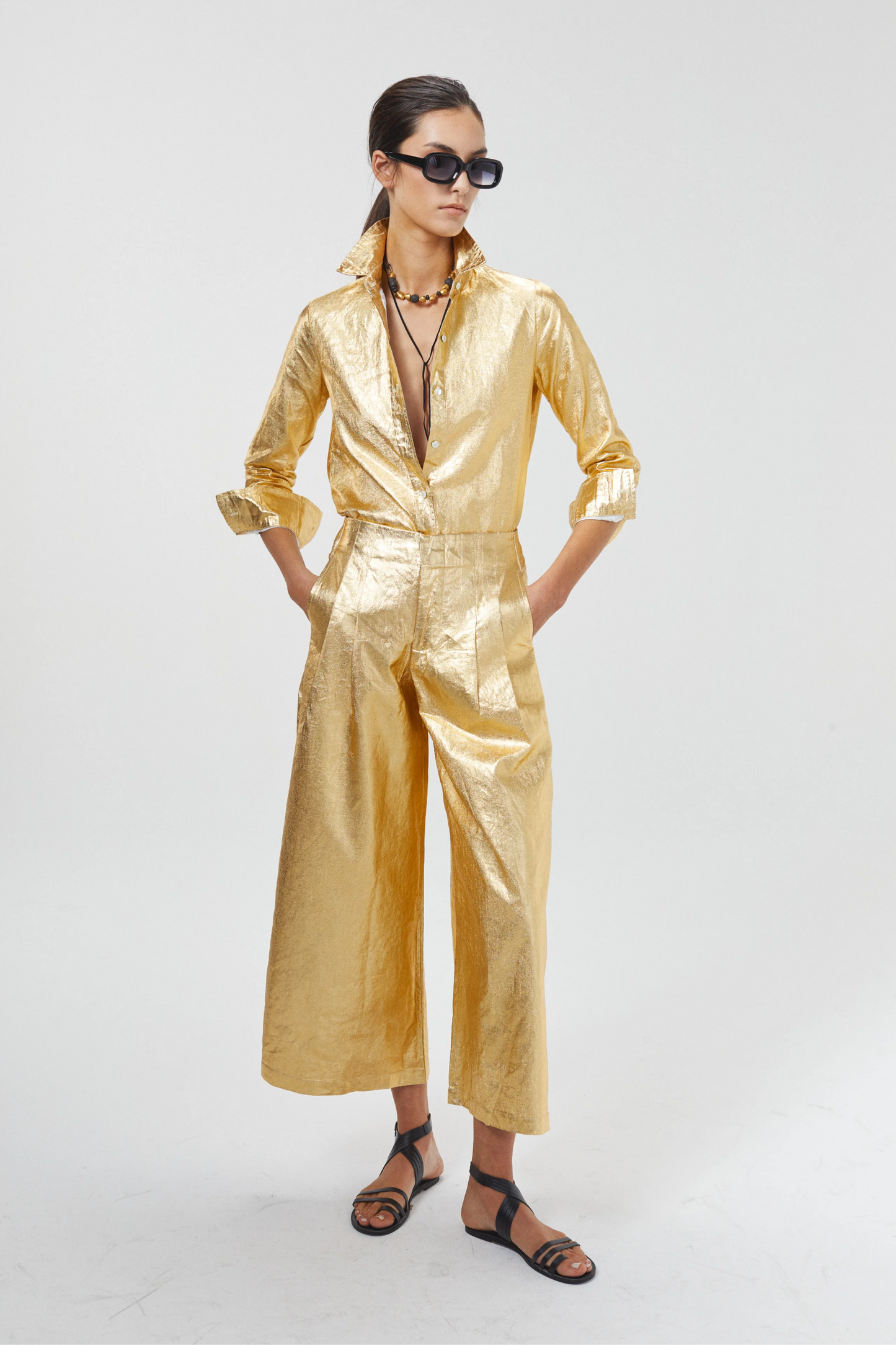 Metallic Linen Pants - Gold