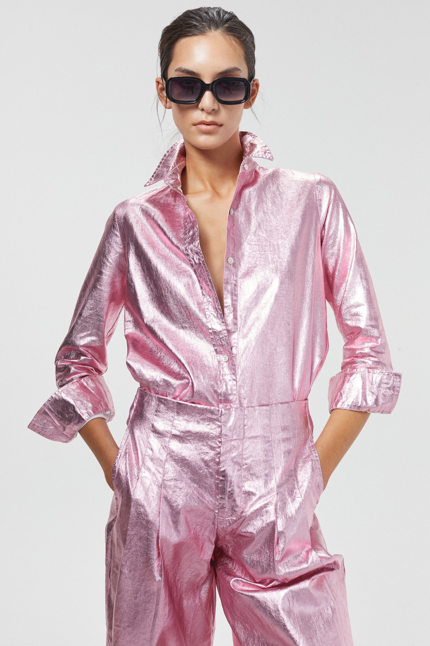 Marino Metallic Linen Shirt - Pink