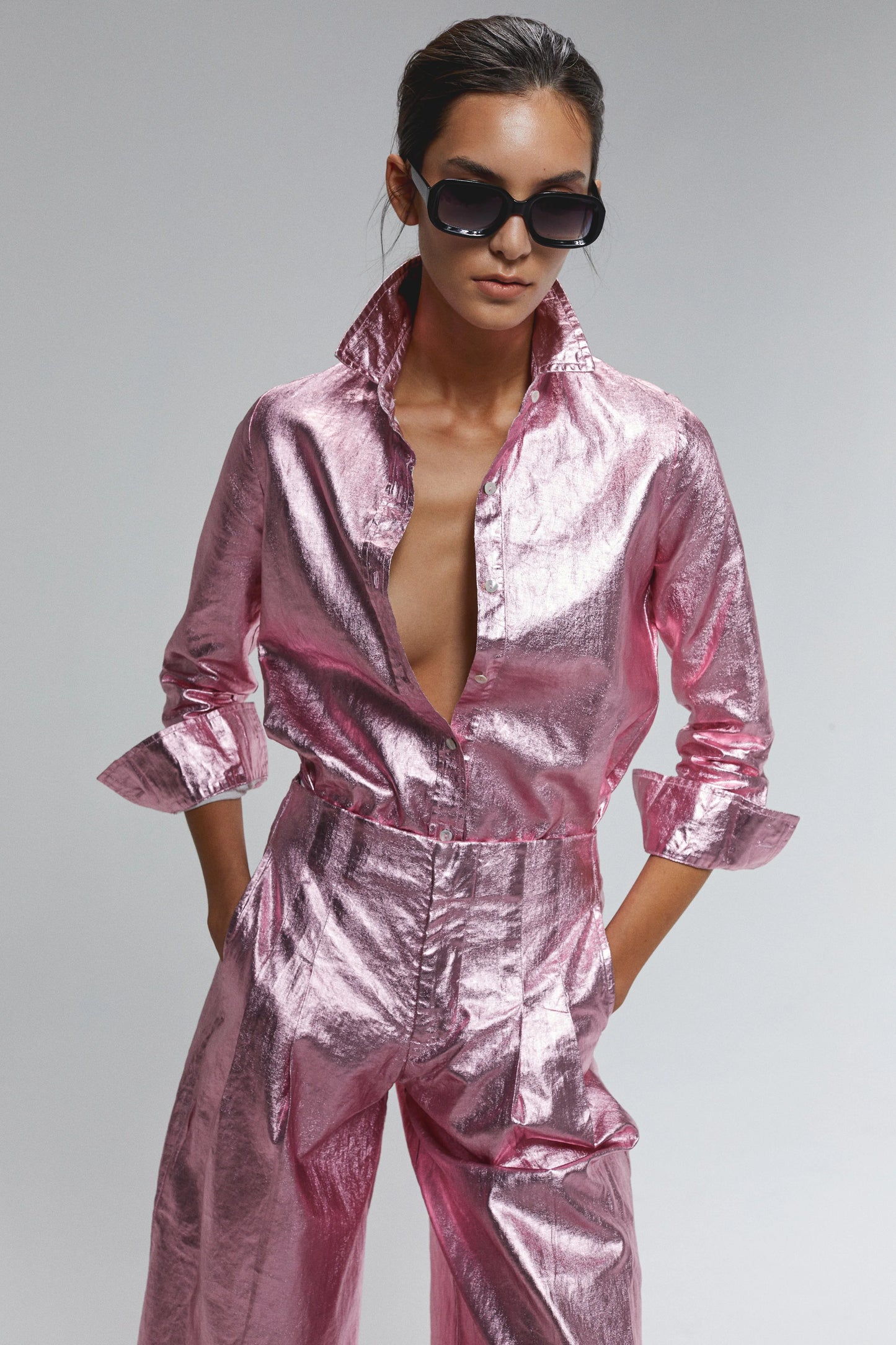 Marino Metallic Linen Shirt - Pink