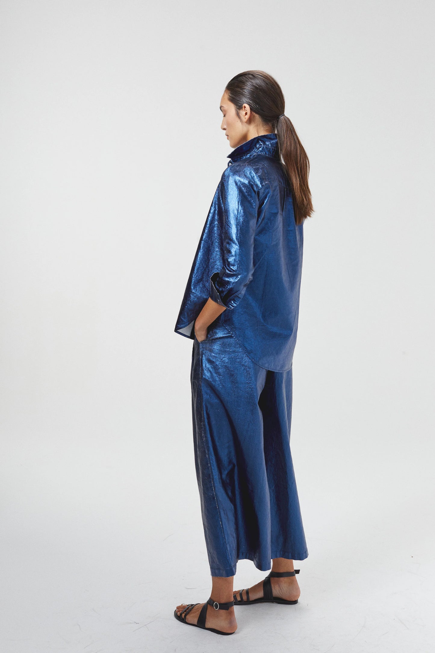 CULOTTE METALLIC LINEN PANTS - DARK BLUE