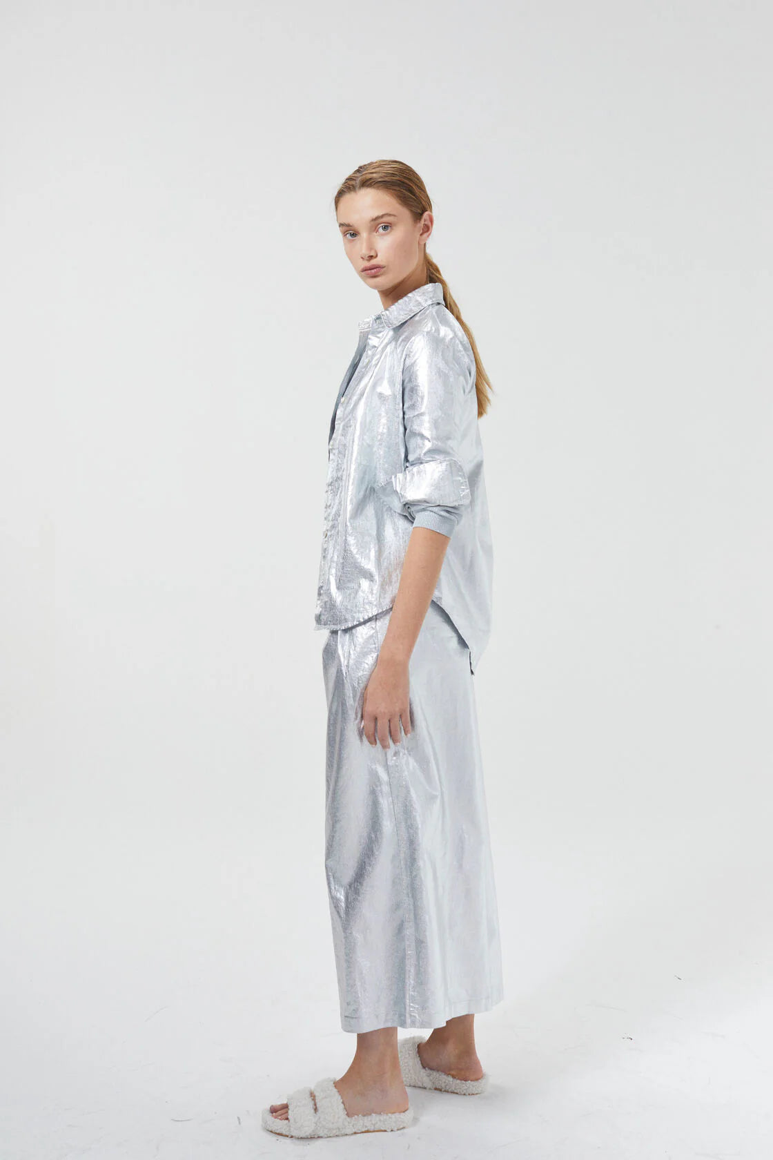 CULOTTE METALLIC LINEN PANTS - NEW SILVER