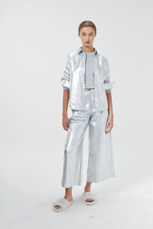 CULOTTE METALLIC LINEN PANTS - NEW SILVER