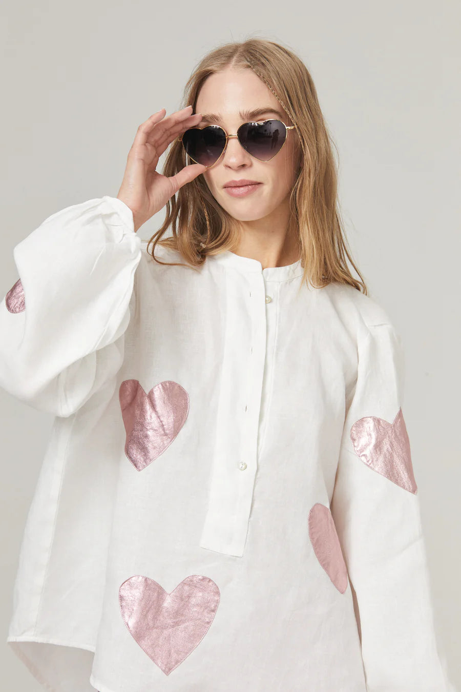 Linen Shirt - Off-white with Metallic Pink Hearts