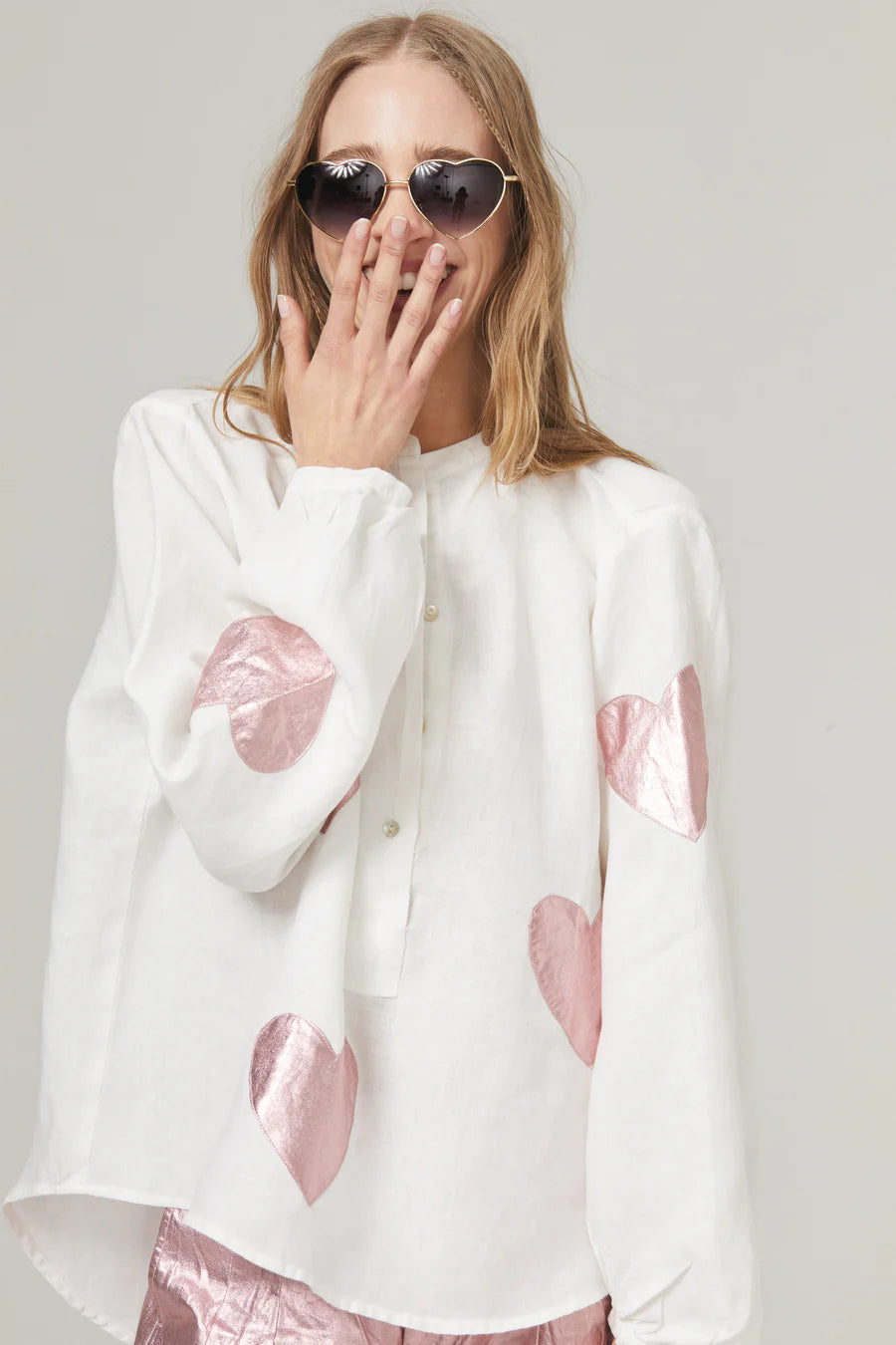 Linen Shirt - Off-white with Metallic Pink Hearts