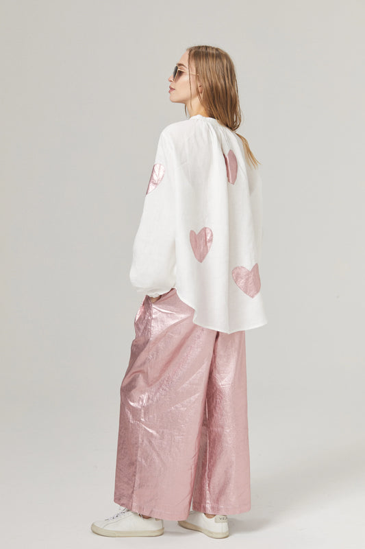 Linen Shirt - Off-white with Metallic Pink Hearts