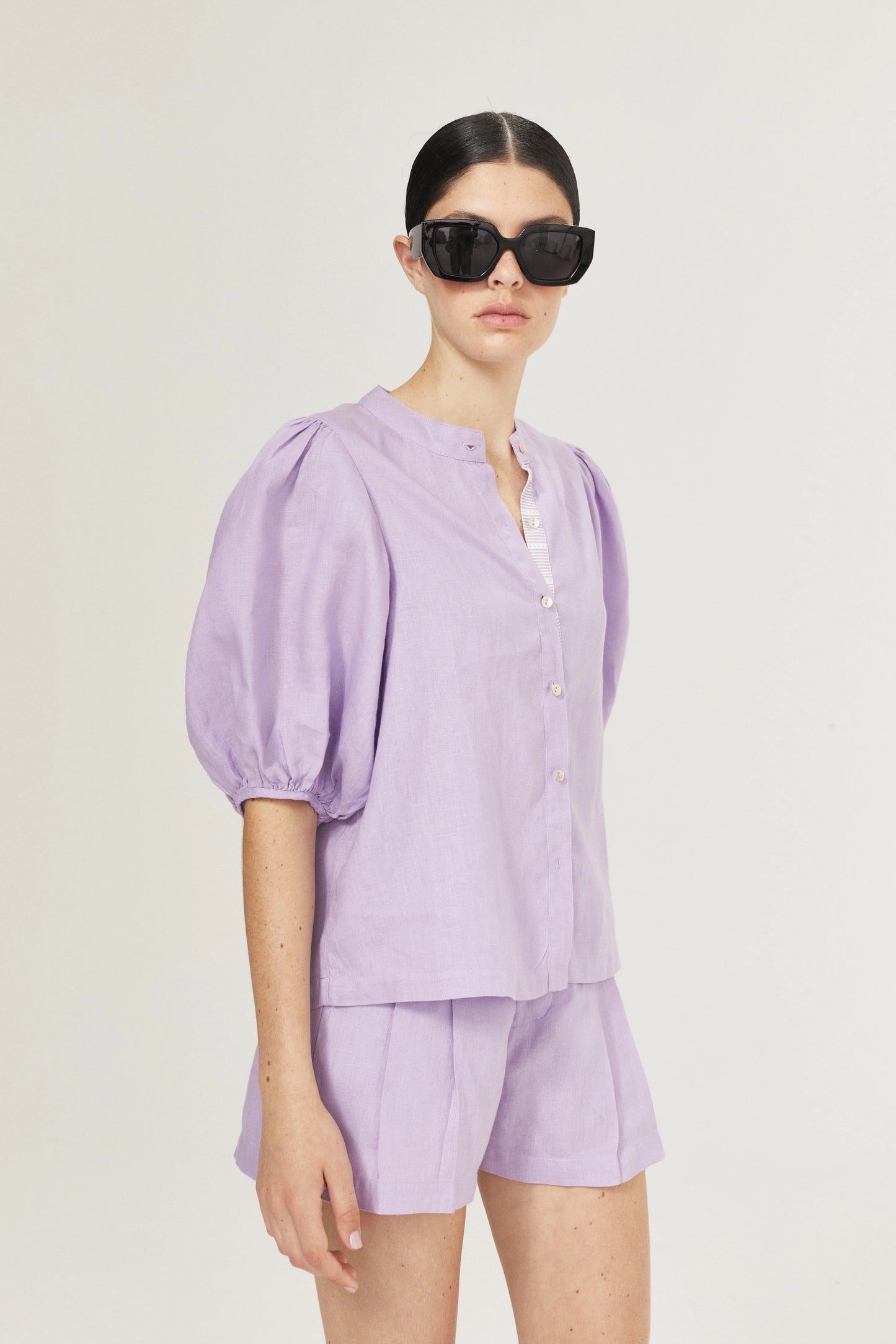 BUBBLE LINEN SHIRT - BRIGHT LILAC WITH CONTRASTING DETAILS