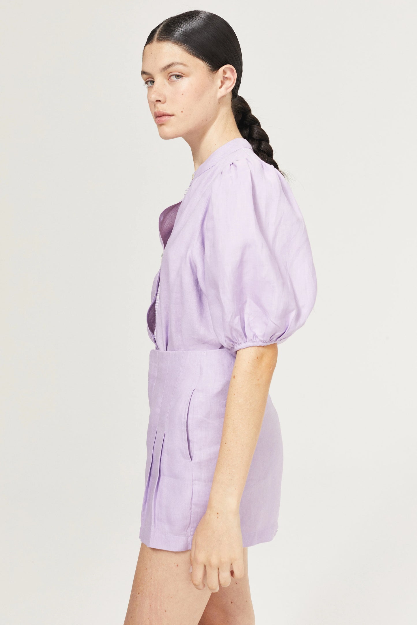 BUBBLE LINEN SHIRT - BRIGHT LILAC WITH CONTRASTING DETAILS