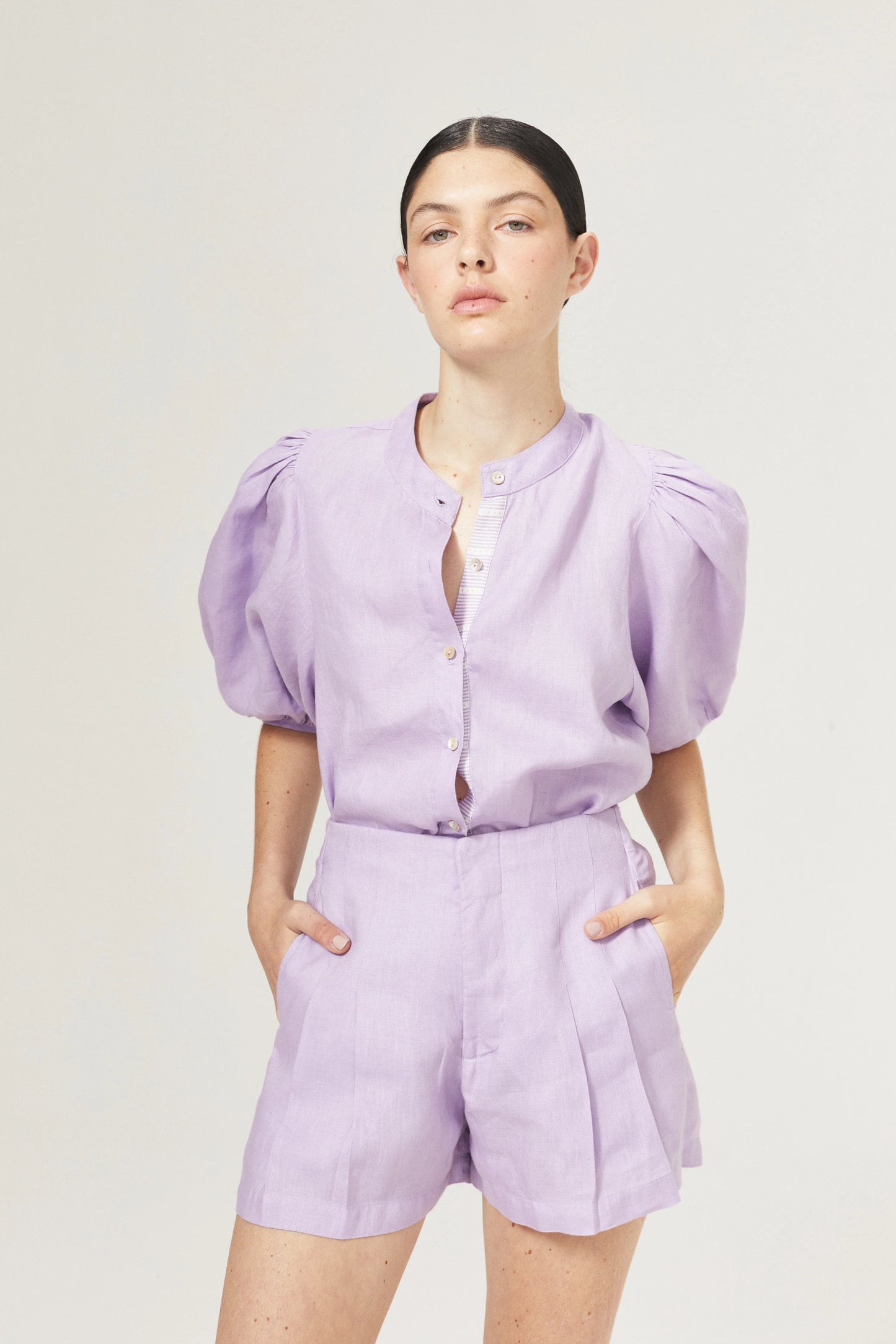 BUBBLE LINEN SHIRT - BRIGHT LILAC WITH CONTRASTING DETAILS