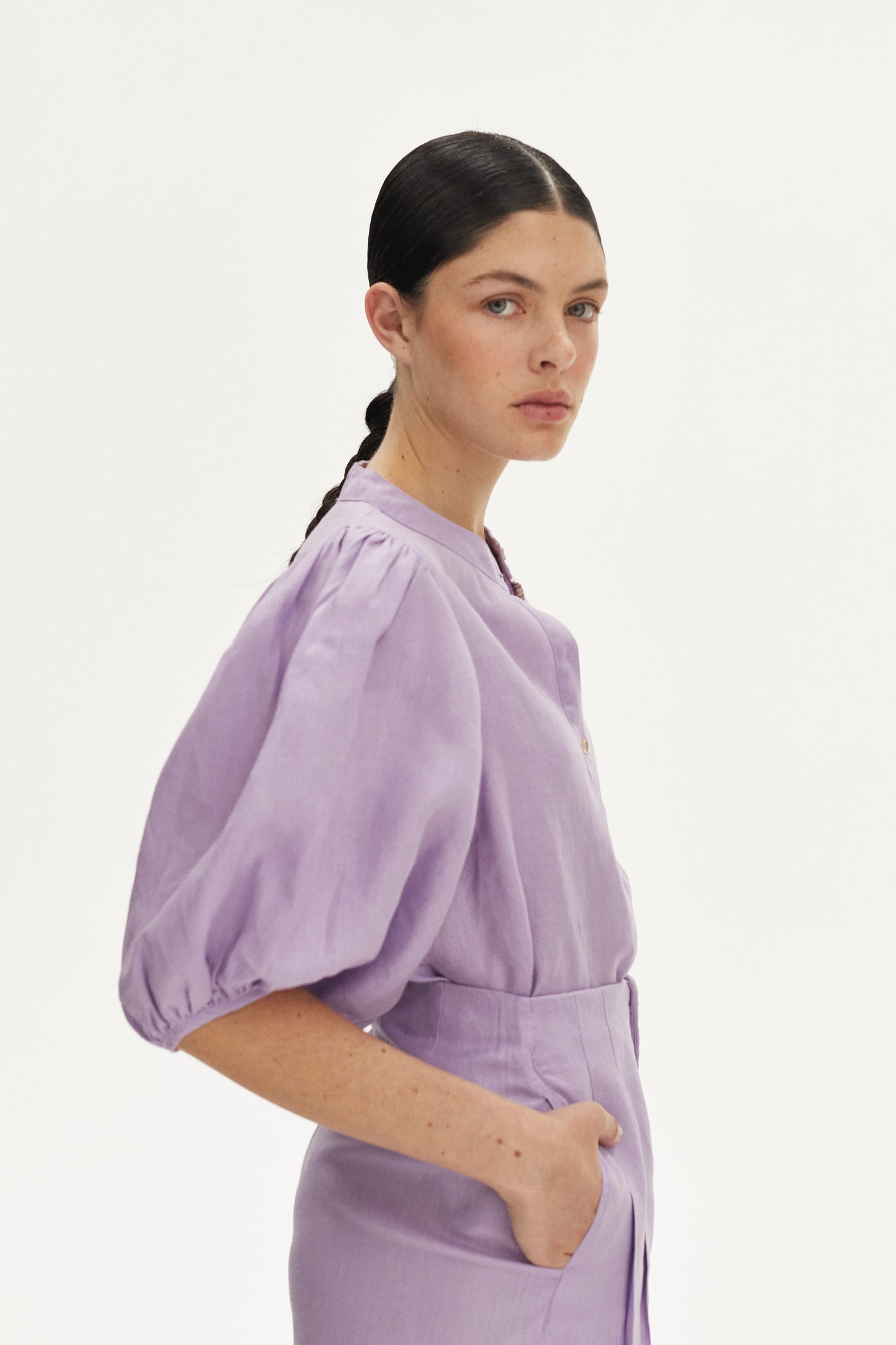 BUBBLE LINEN SHIRT - BRIGHT LILAC WITH CONTRASTING DETAILS