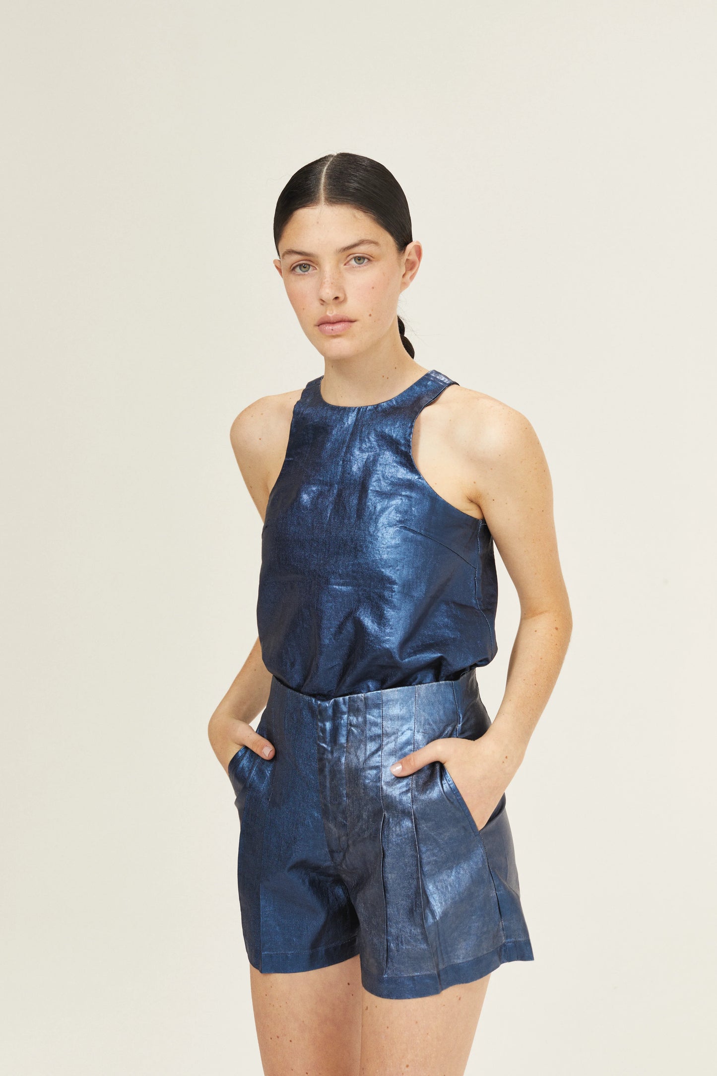 METALLIC LINEN TOP - DARK BLUE