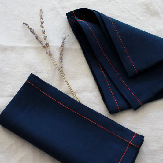 Navy Linen Napkins with Red Stitch, Set of 4