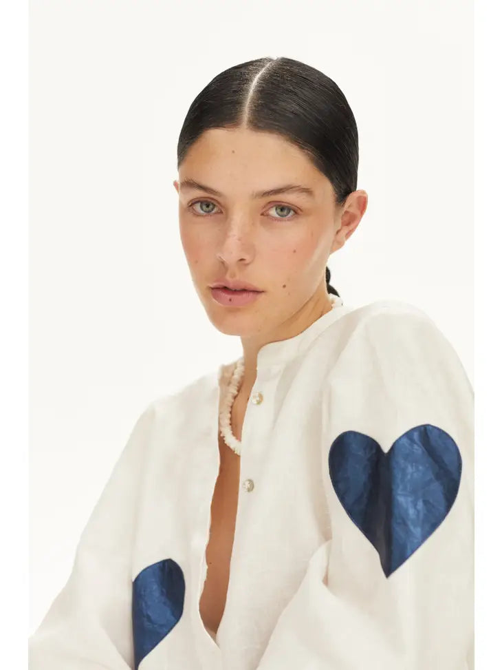 Linen Shirt - Off-White with Metallic Dark Blue Hearts