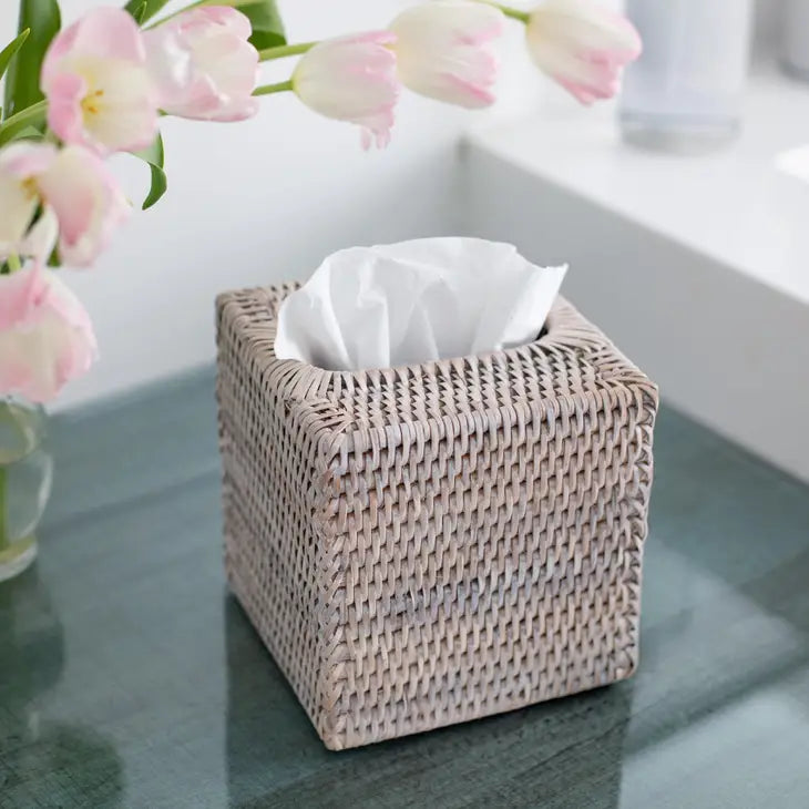 Artifacts Rattan Column Tissue Box Cover- White Wash