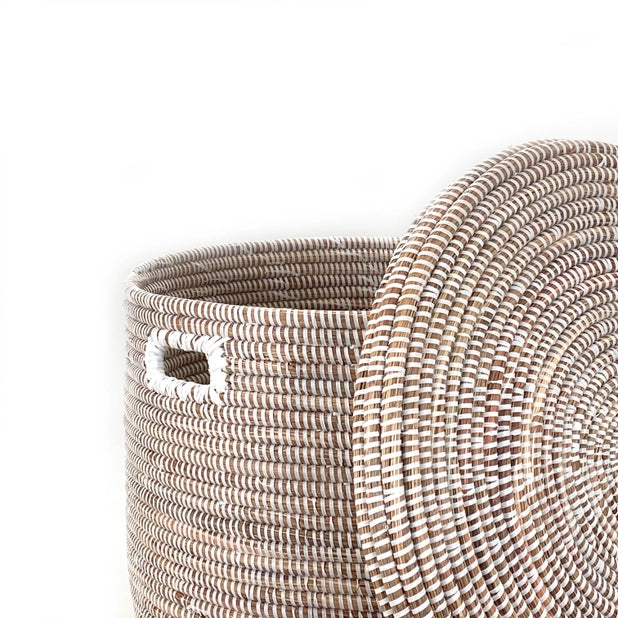 Senegalese Basket: Low Storage Flat Lid - White (18" Wide X 13.5" Tall)
