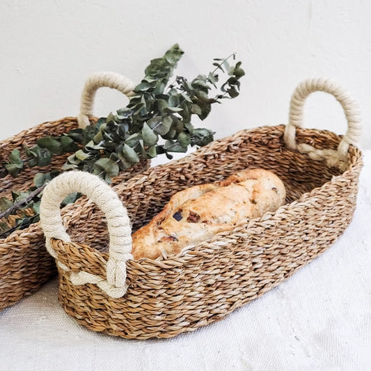 Handwoven Savar Bread Basket with White Handle-Set of 2