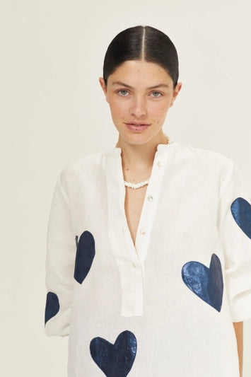 Linen Shirt - Off-White with Metallic Dark Blue Hearts