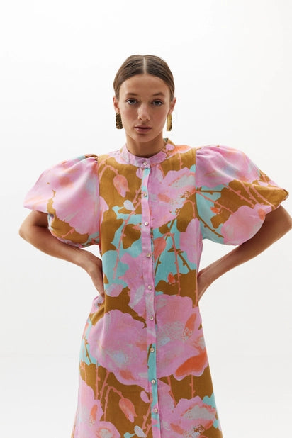 BUBBLE LINEN DRESS - AQUARELA