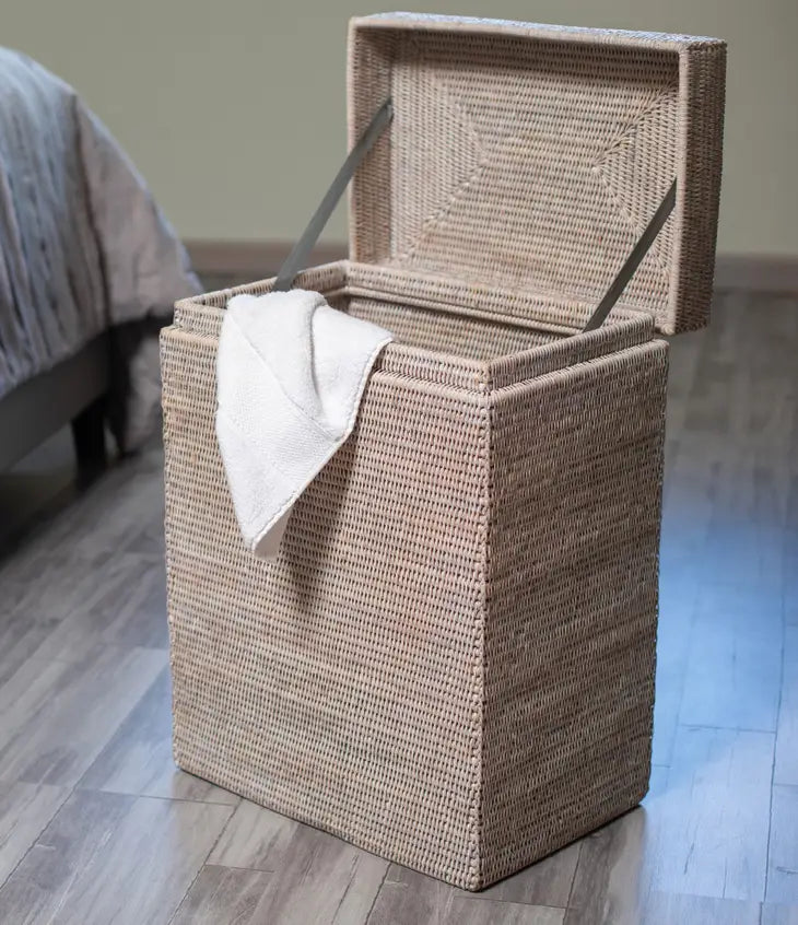 Rattan Rectangular Hamper with Hinged Lid-  White Wash