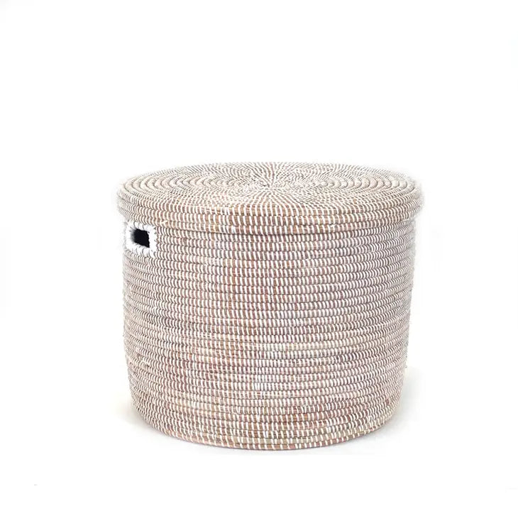 Senegalese Basket: Low Storage Flat Lid - White (18" Wide X 13.5" Tall)