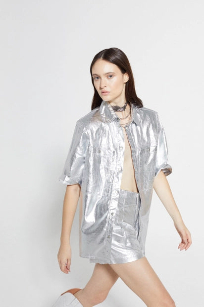 Soho Metallic Linen Shirt - Silver