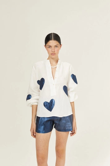 Linen Shirt - Off-White with Metallic Dark Blue Hearts