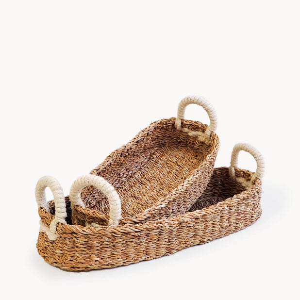 Handwoven Savar Bread Basket with White Handle-Set of 2