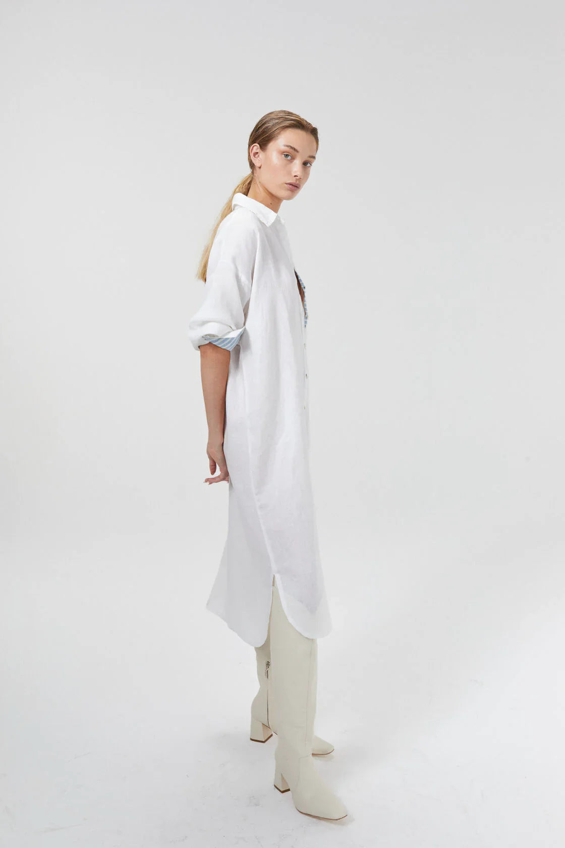 LINEN MIDI DRESS - OFF-WHITE WITH CONTRASTING DETAILS