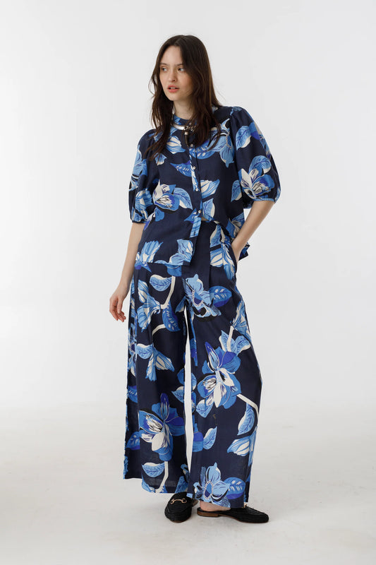 CULOTTE LINEN PANTS - NAVY HIBISCUS PRINT