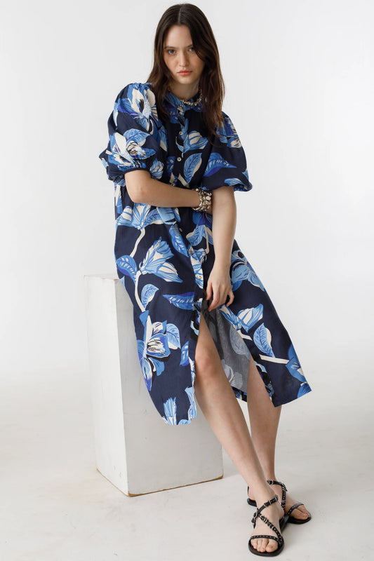 BUBBLE LINEN DRESS - NAVY HIBISCUS PRINT