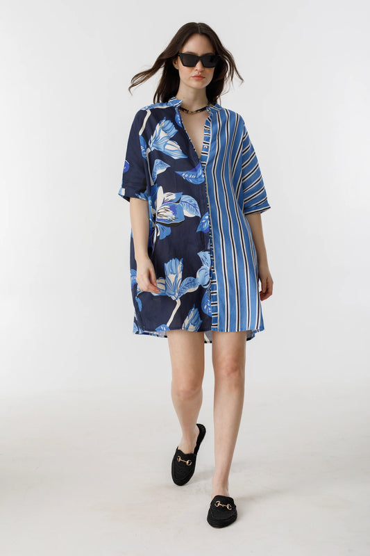 LIGHTHOUSE LINEN SHIRT DRESS - MIX BLUE IVY STRIPES AND NAVY HIBISCUS PRINT