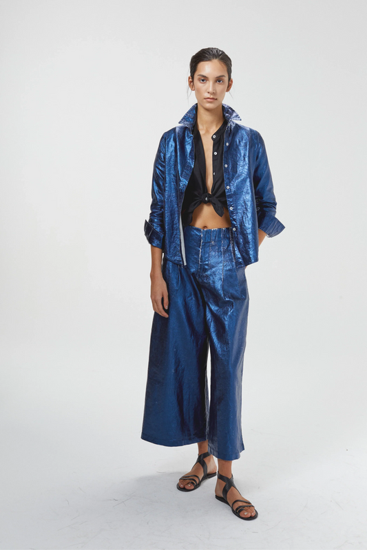 CULOTTE METALLIC LINEN PANTS - DARK BLUE