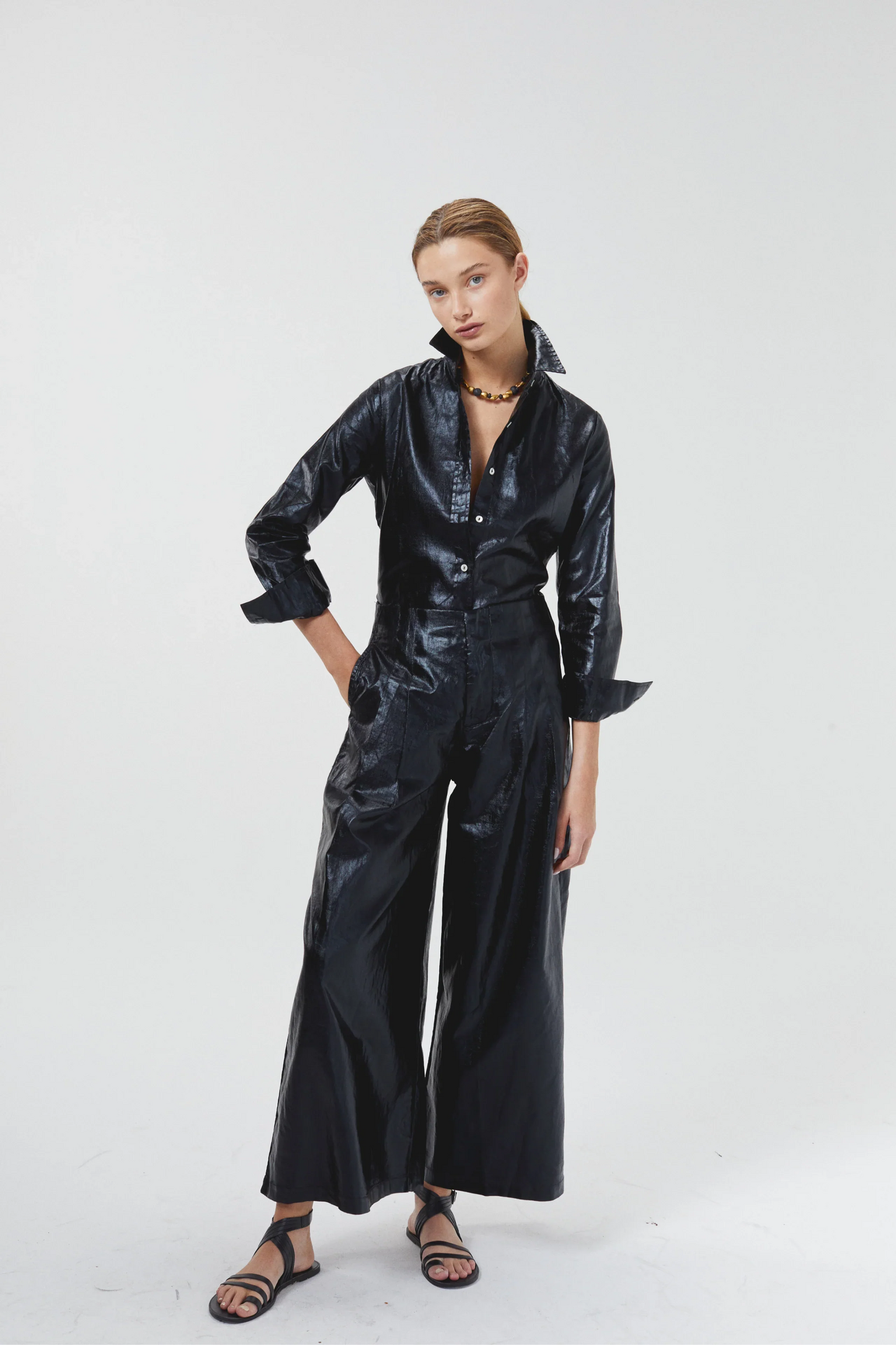 CULOTTE METALLIC LINEN PANTS -BLACK