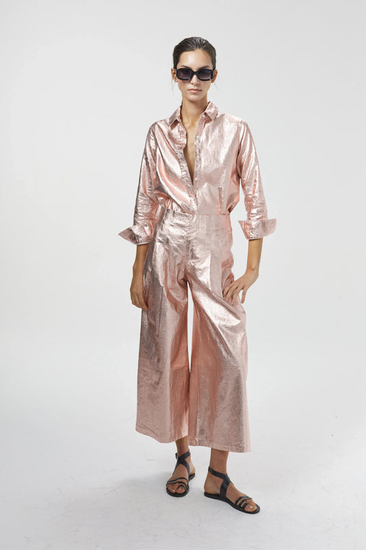 CULOTTE METALLIC LINEN PANTS - PEACH FUZZ