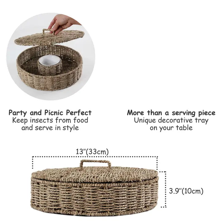 Wicker Chip & Dip Serving Platter with Ceramic Bowl and Lid