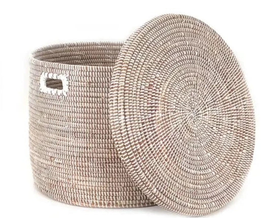 Senegalese Basket: Low Storage Flat Lid - White