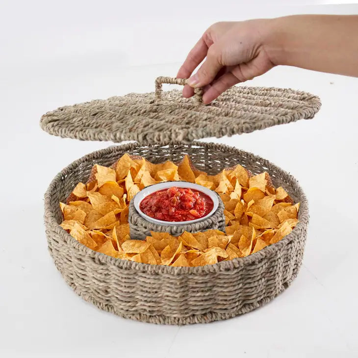 Wicker Chip & Dip Serving Platter with Ceramic Bowl and Lid