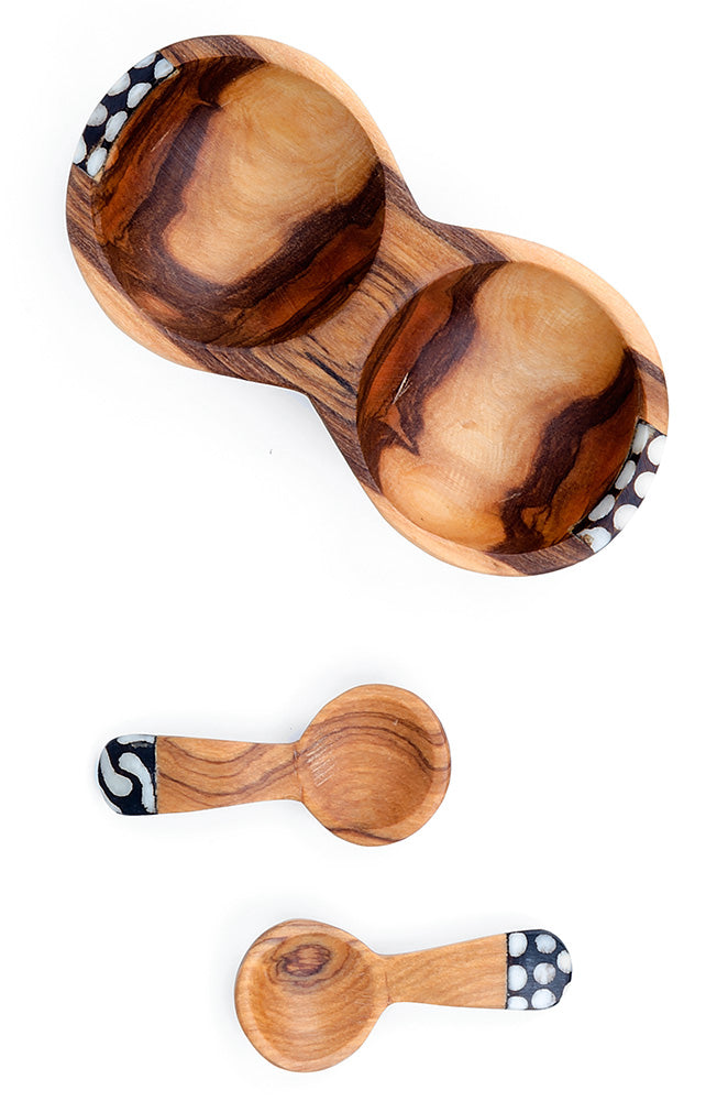Double Wild Olive Wood & Bone Spice Bowl with Spoons