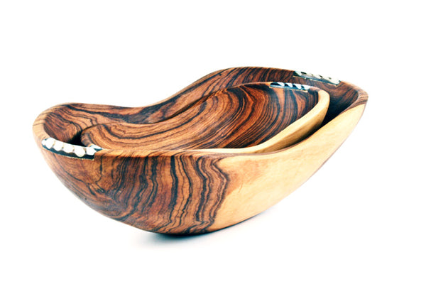 Set of Two Wild Olive Wood Dippy Dip Bowls with Batik Bone Inlay