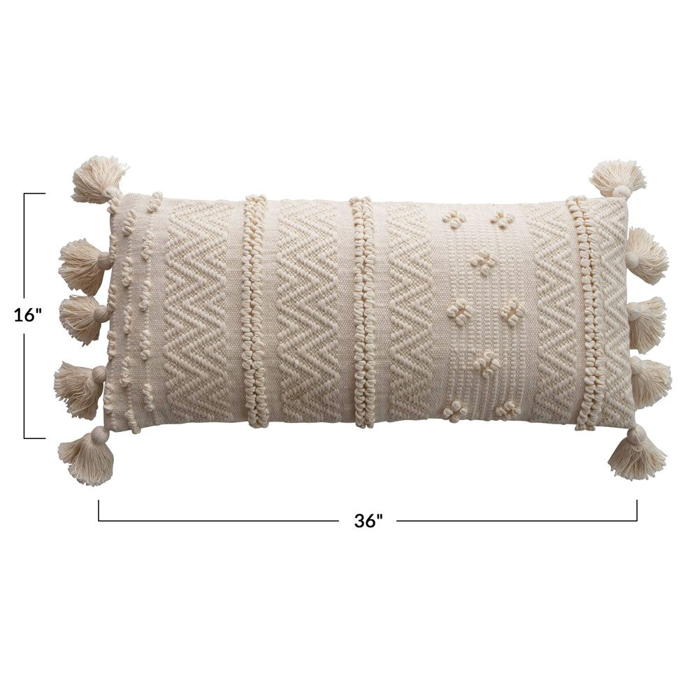 Woven Cotton Lumbar Pillow w/ Pom Poms, Cream Color