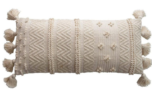 Woven Cotton Lumbar Pillow w/ Pom Poms, Cream Color