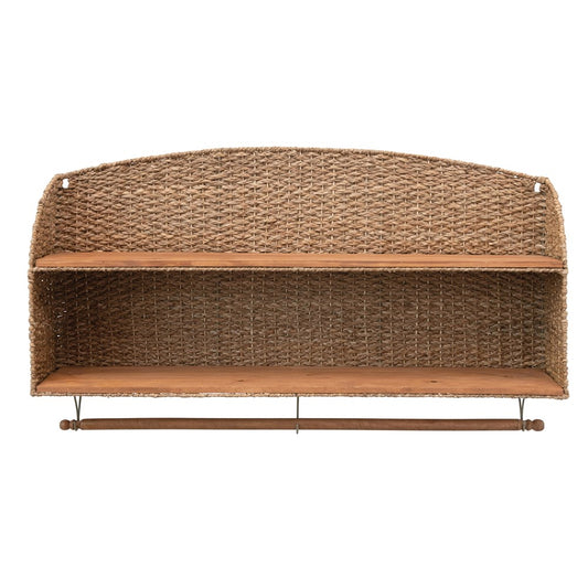 Woven Bankuan & Wood Wall Shelf w/ 2 Shelves & Removable Rod